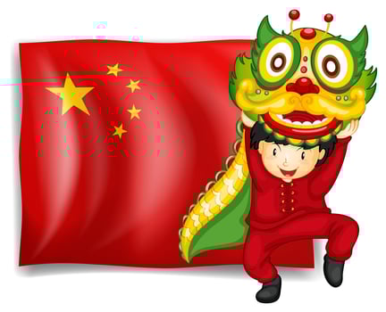 A boy doing the dragon dance in front of the flag of China vector
