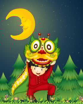 A young Chinese dancing with a dragon above his head vector
