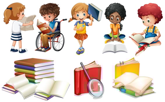Kids reading books on white background vector
