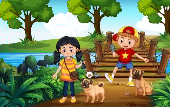 Kids walking Dogs and Picking Up Poop vector
