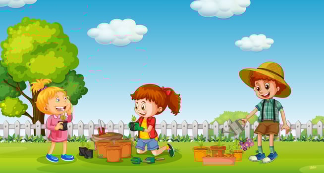 Children planting tree in pot vector