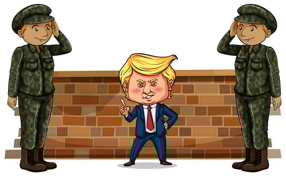 US president Trump and two soldiers vector