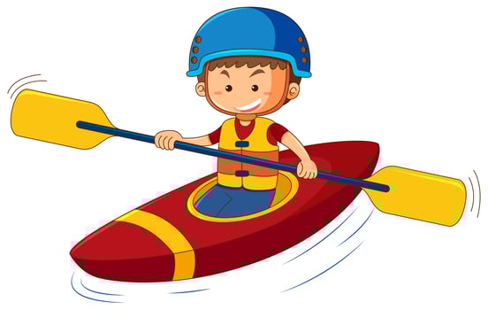 Boy wearing lifejacket and helmet in canoe vector
