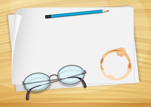 An empty bondpaper with a pencil, an eyeglass and a coffee stain vector