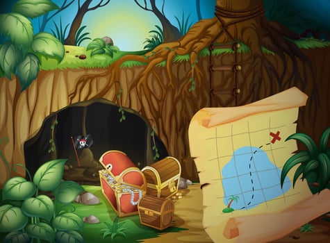 A cave, a treasure chest and a map vector