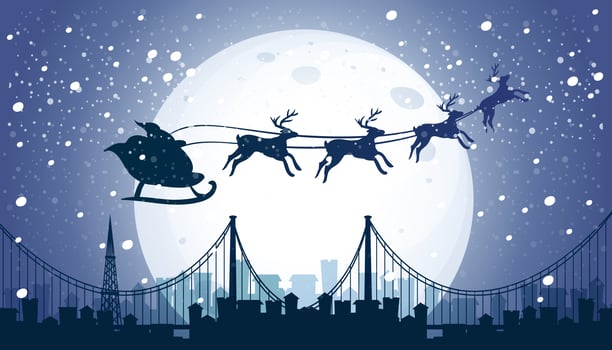 Silhouette Santa and Reindeer Flying Night Sky vector