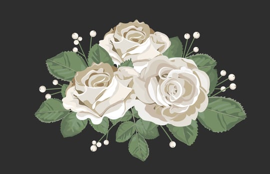 Retro bouquet design. White roses with leaves and berry on black background. Tender floral vector illustration in vintage watercolor style.