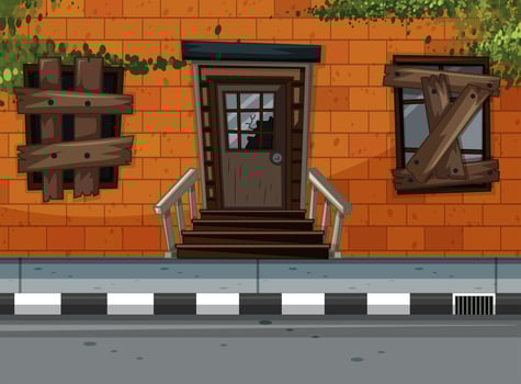 Neighborhood scene with ruined building along the road vector