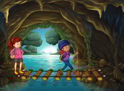 Two tourists walking in the cave vector
