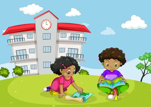 Children in front of building vector