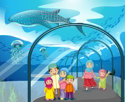 Muslim people visiting aquarium vector