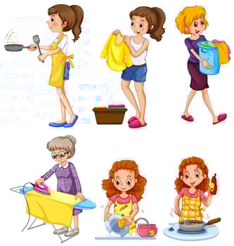 Women doing different chores vector