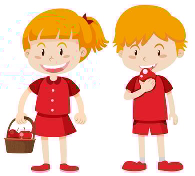 Boy and girl in red eating apples vector