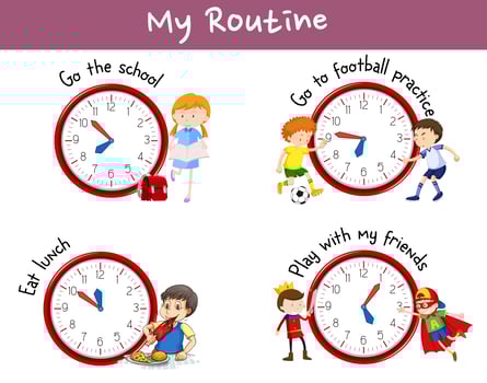 Different routines on poster with kids and activities vector