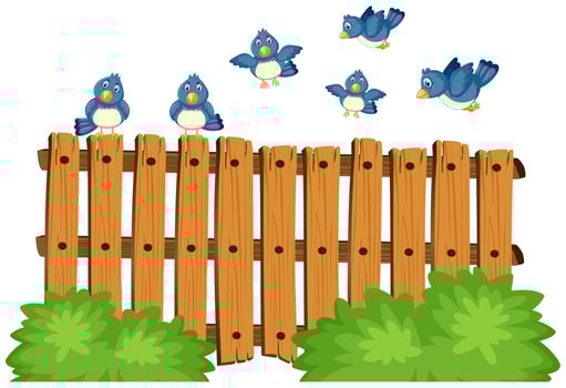 Blue birds flying over wooden fence vector