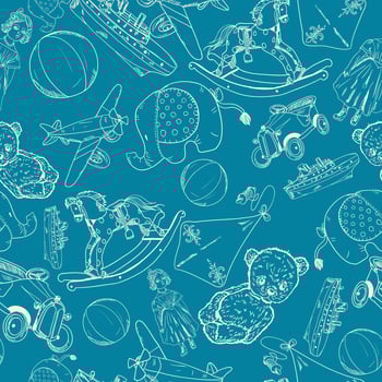 Toys sketch blue seamless pattern vector