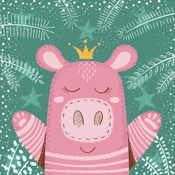 Cute winter pig - children illustration. vector