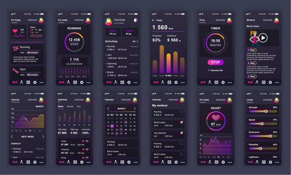 Set of UI, UX, GUI screens Fitness app flat design template for mobile apps, responsive website wireframes. Web design UI kit. Fitness Dashboard. vector