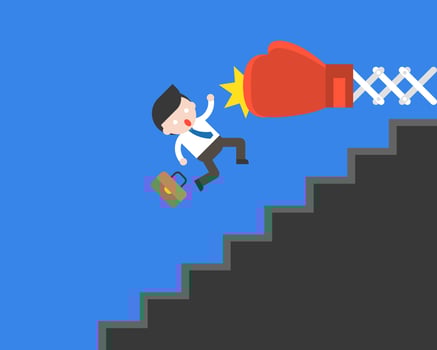 Big boxing glove punching Cute businessman fall from stairs vector