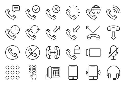 Basic phone and call icon set, outline style vector