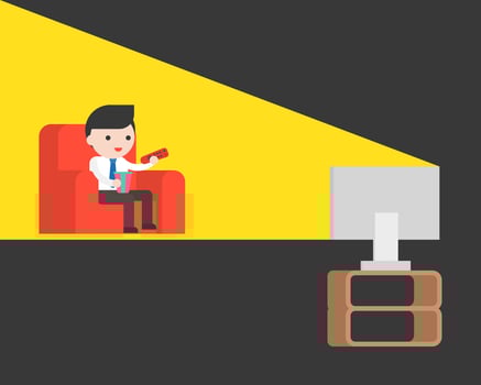 cute businessman watching tv in dark room at red sofa vector