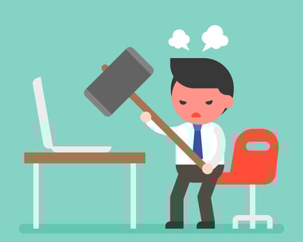 Angry businessman carrying hammer to destroy laptop on desk vector