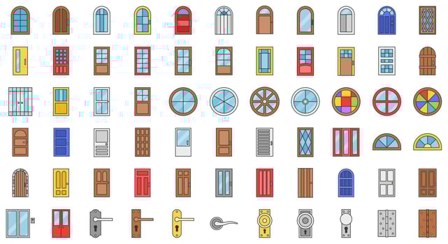 Door and window installation icon set, filled outline vector