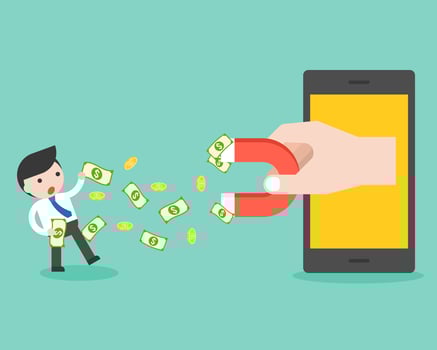 Cute businesswoman holding big magnet in cell phone stall attract money vector