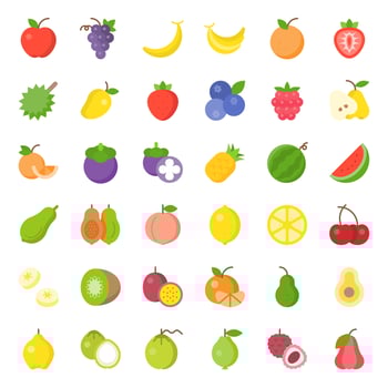 Cute fruit flat icon set, such as orange, kiwi, coconut, banana, papaya, peach vector
