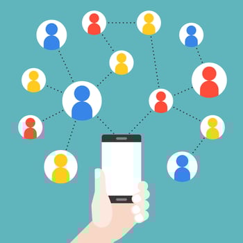 Hand holding mobile phone with social network graph vector