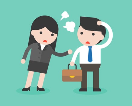 Business woman scolding on naive and dumb businessman with angry vector