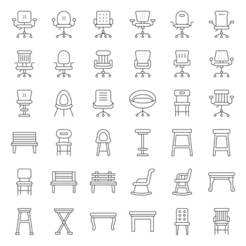 Stool, chair, sofa and bench, outline icon set vector