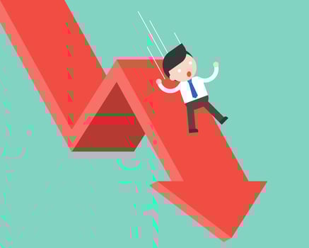 Businessman slide and falling with falling down arrow, business failure concept vector
