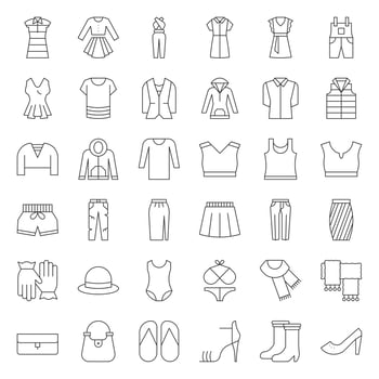 Female clothes, bag, shoes and accessories thin outline icon set 2 vector
