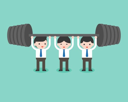 Cute businessman team help each others for weight lifting vector