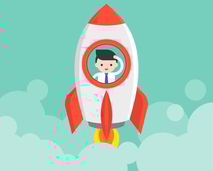 Businessman in launching rocket, start up concept vector