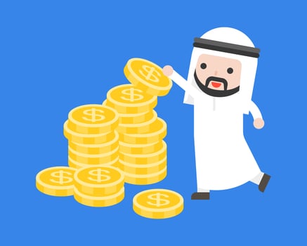 Cute Arab businessman put gold coins on pile of money vector
