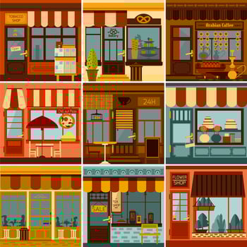 Restaurant And Shop Facades Set vector