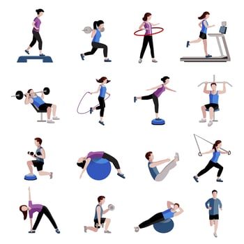 Fitness men women flat icons set vector