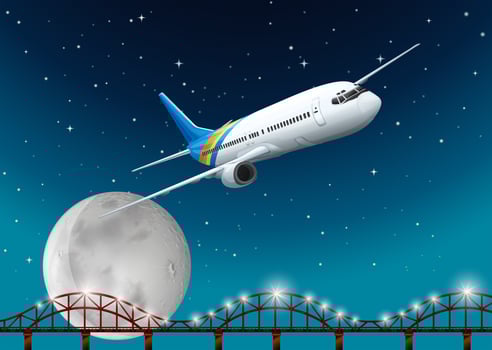 Airplane flying over bridge at night vector
