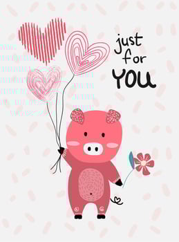 love card  vector flat design hand drawn love card  vector pink pig hold heart balloons