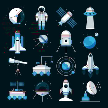  Spacecrafts Instruments Equipment Flat Icons Set vector