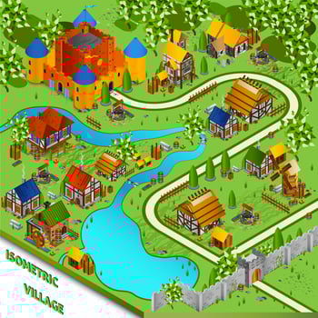 Medieval Village Isometric Landscape vector