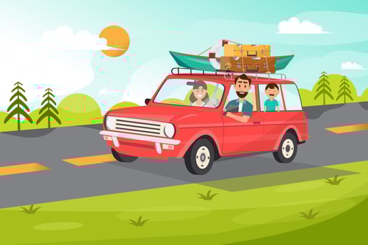 Happy family. Father, mother and children going to travel by car with nature background vector