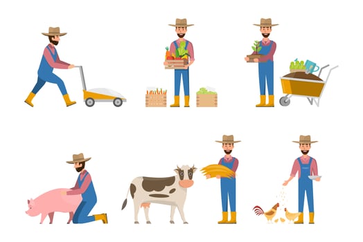 happy farmer cartoon in many characters set  vector
