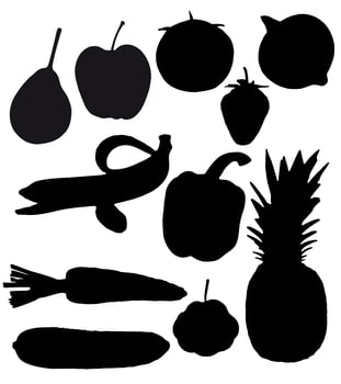 fruits and vegetables are black silhouettes vector