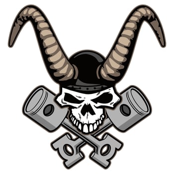 Skull with horns and crossed pistons vector illustration