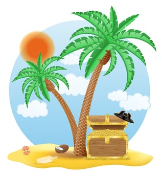 chest of gold standing under a palm tree vector illustration