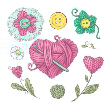A set of knitted clothes clew knitting needles. Hand drawing. Vector illustration