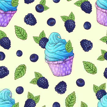 Seamless pattern cupcakes blackberry, blueberry vector